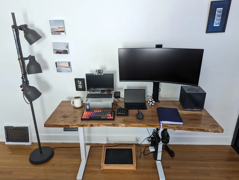 I rebuilt my standing desk by woodworking a live edge slab of English Elm into desk top.