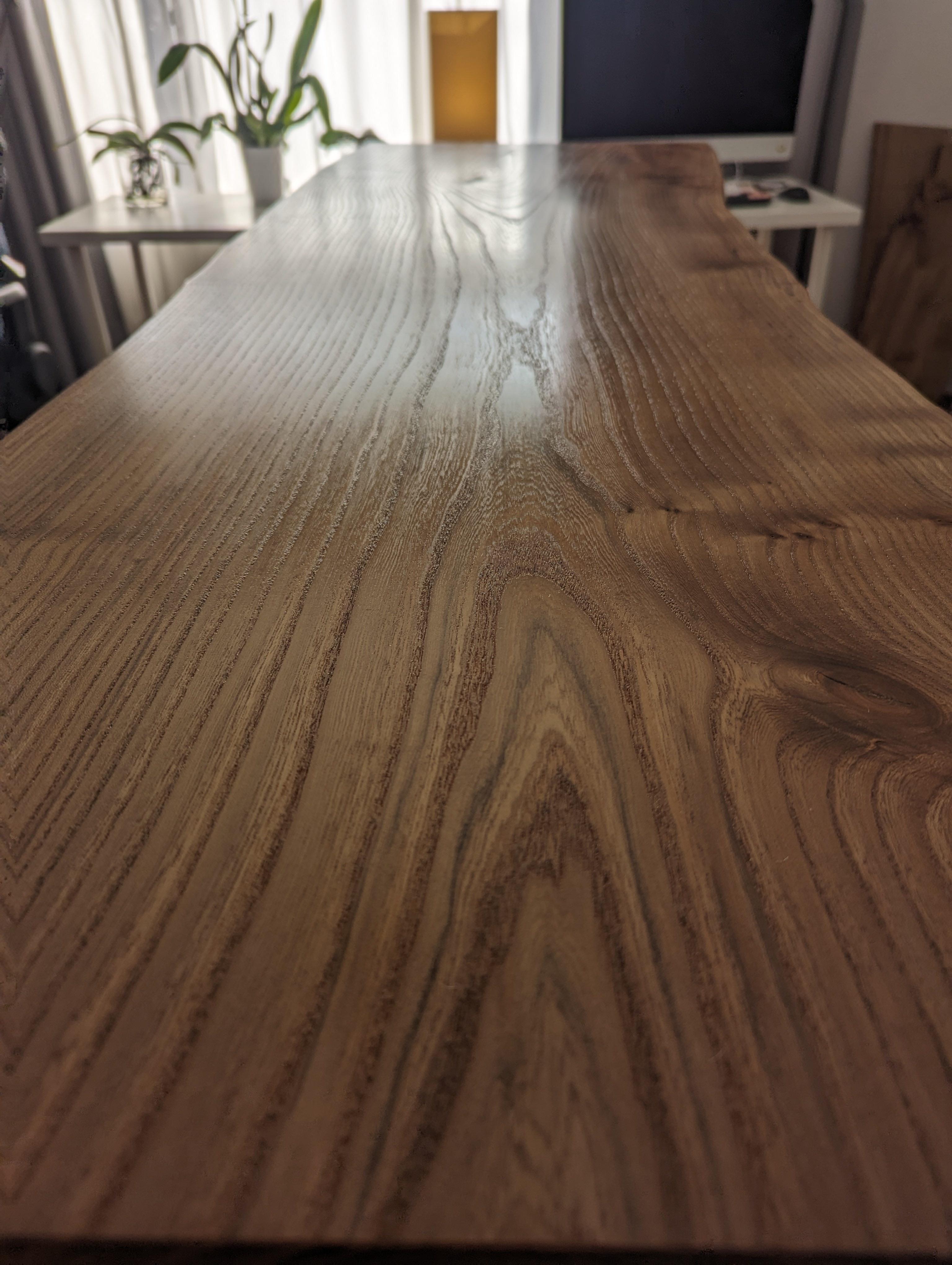 I rebuilt my standing desk by woodworking a live edge slab of English Elm into desk top.
